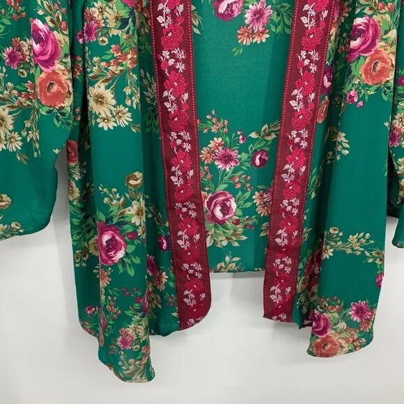 Pioneer Kimono Green Floral Print Embroidered Open Front - Picture 6 of 10